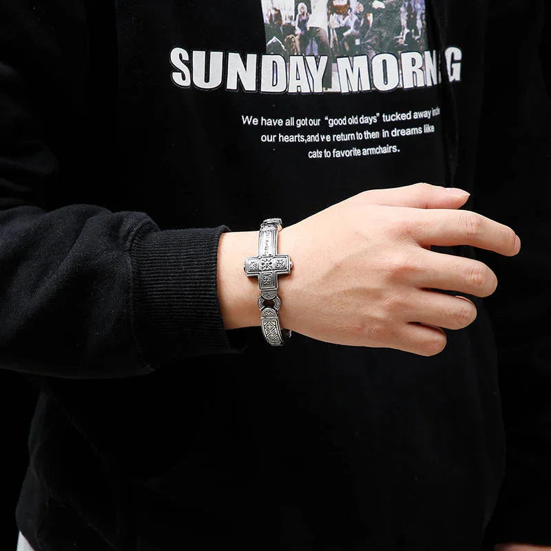 Cross Charms Vintage Metal Bangle Stainless Steel Heavy Mens Retro Punk - CIVIBUY