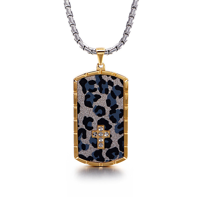 shining nightclub Men's Stainless Steel Silver dog tags Leopard Print Zircon Pendant Necklace 24 Inch - CIVIBUY