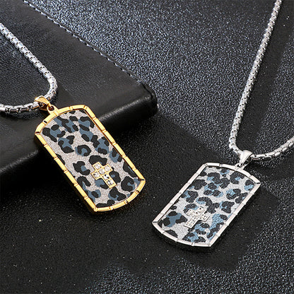 shining nightclub Men's Stainless Steel Silver dog tags Leopard Print Zircon Pendant Necklace 24 Inch - CIVIBUY