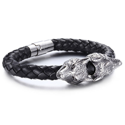 viking bracelet wolf head Black Leather Bracelet Braided Genuine Leather Bracelet for men - CIVIBUY