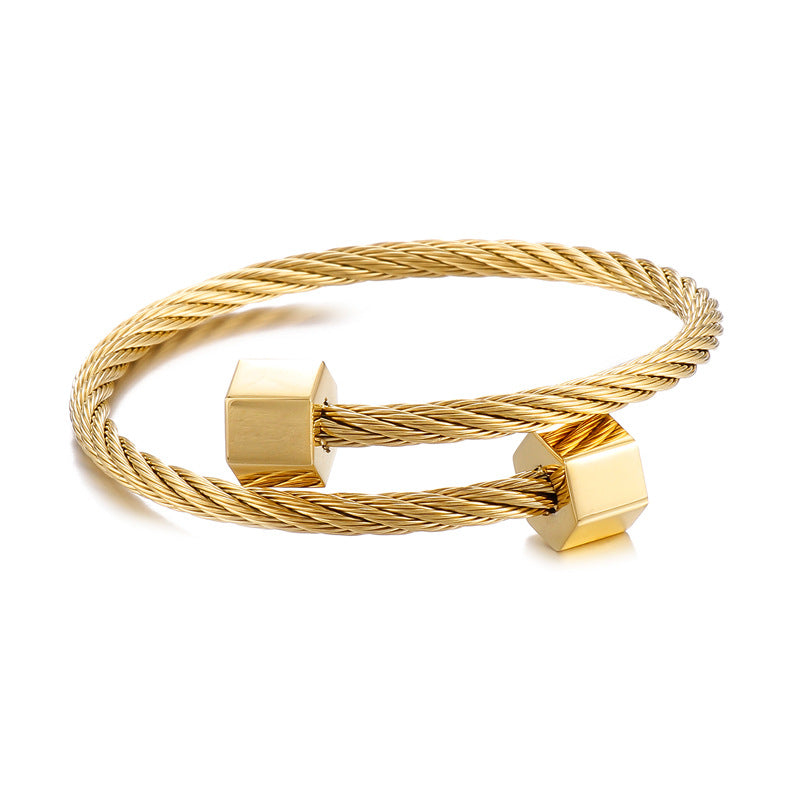 Gold-tone steel wire bangle Cuban Chain Mens Large Steel Bracelet - CIVIBUY