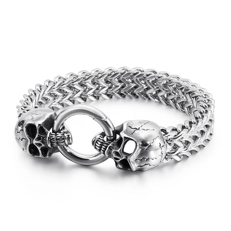 Gothic Mens Stainless Skull Franco Link Chain Bracelet Spring Ring Clasp 8.5 inch - CIVIBUY