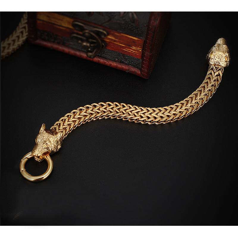 civibuy Viking Bracelet Stark Wolf Gold-plated WolfHead Link Chain Bracelet 8.7 Inch - CIVIBUY