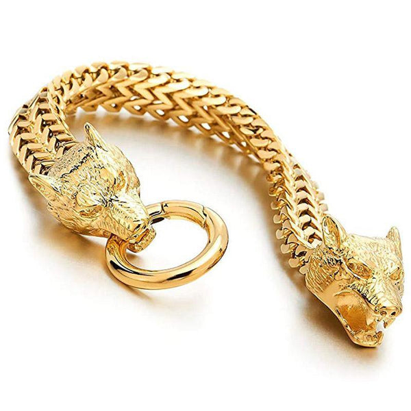 civibuy バイキング ブレスレット スターク ウルフ 金メッキ ウルフヘッド リンク チェーン ブレスレット 8.7インチ