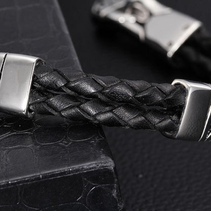 viking Men's Bracelet Stainless Steel with Braided Leather Wristband Black 8.8 Inch K-R09 - CIVIBUY