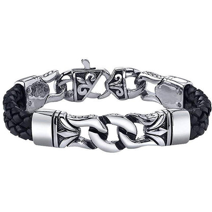 viking Men's Bracelet Stainless Steel with Braided Leather Wristband Black 8.8 Inch K-R09 - CIVIBUY