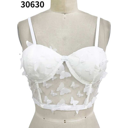 White Crop Chain Sexy Crop Girls Mesh butterfly Top Cropped - CIVIBUY