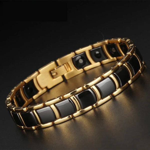 Powerful Mens Magnetic Bracelet for Arthritis Mens Gold Black Power Element Bracelet KKS-T04