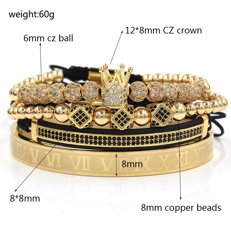 Imperial Crown King 18 K Gold Beads Bracelet Luxury Charm Fashion Jewelry Silver(3pack)