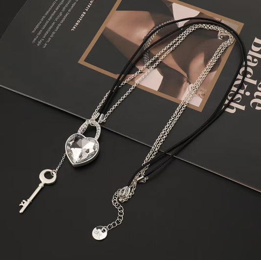 Crystal heart lock necklaces boho ladies chunky Leather necklace for women【wholesale】 - CIVIBUY