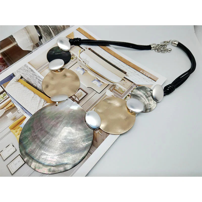 Women Jewelry necklace Hand-polished shells Gold and Leather Layered Women Necklace gift for women,party dress necklace - CIVIBUY