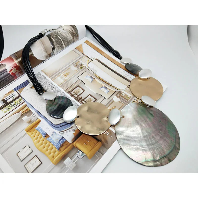 Women Jewelry necklace Hand-polished shells Gold and Leather Layered Women Necklace gift for women,party dress necklace - CIVIBUY