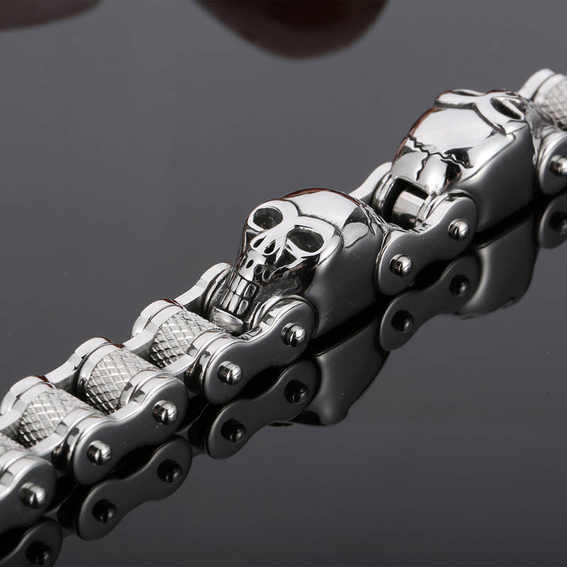 Heavy and Study Mens Steel Large Link Chain Motorcycle Bike Bracelet with Skulls Polished - CIVIBUY