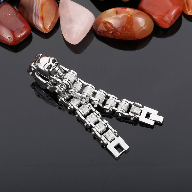 Heavy and Study Mens Steel Large Link Chain Motorcycle Bike Bracelet with Skulls Polished - CIVIBUY